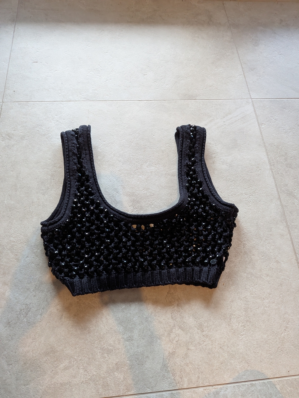 Diotina Black Beaded Knit Crop Tank Top